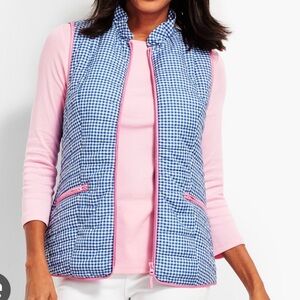 EUC Talbots 3X Blue Gingham Quilted Vest with Pink Trim and Zippered Pockets.